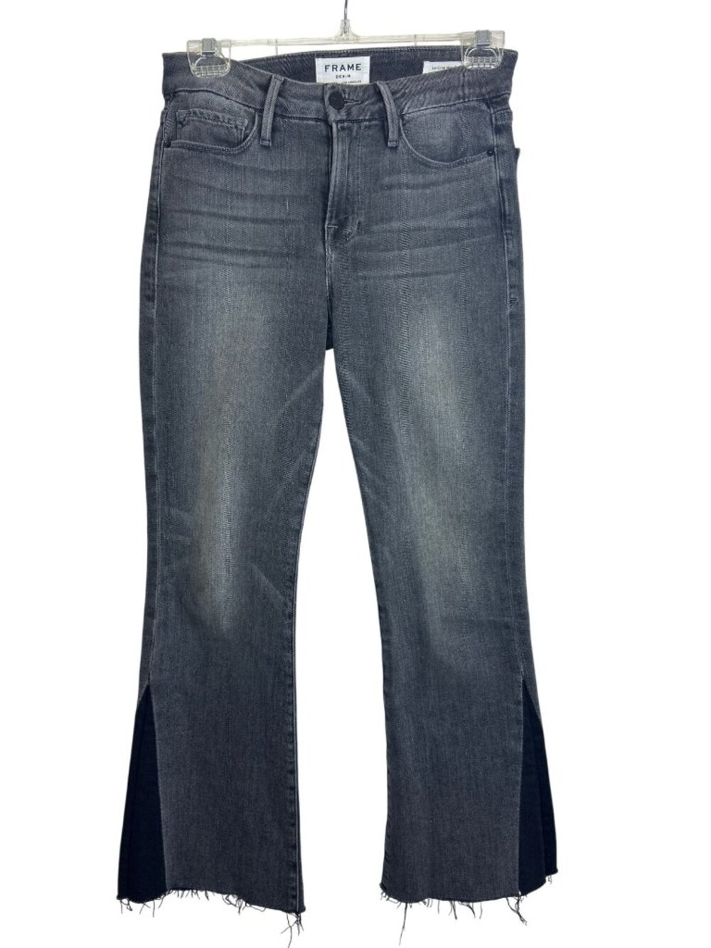 Frame Women's 26 Le Crop Mini Bootcut Jeans Gray w/ Black Panels Frayed Hem